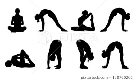 Black Solid Mobility Flexibility Stretch Silhouettes Set of Six on White Background Black Solid Mobility Flexibility Stretch Silhouettes Set of Six on White Background 138760205