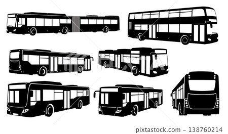 Black Solid Modern City Buses Silhouettes Set of Six on White Background Black Solid Modern City Buses Silhouettes Set of Six on White Background 138760214