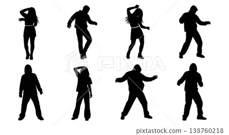 Black Solid Club Dancer Silhouettes Set of Six on White Background Black Solid Club Dancer Silhouettes Set of Six on White Background 138760218