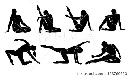 Black Solid Contemporary Dancer Silhouettes Set of Six on White Background 138760220
