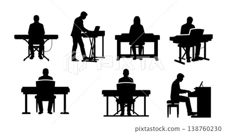Black Solid Standing Keyboardist Silhouettes Set of Six on White Background Black Solid Standing Keyboardist Silhouettes Set of Six on White Background 138760230