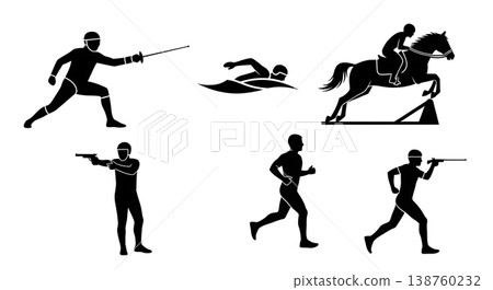 Black Solid Modern Pentathletes Silhouettes Set of Six on White Background Black Solid Modern Pentathletes Silhouettes Set of Six on White Background 138760232