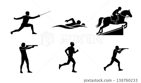 Black Solid Modern Pentathletes Silhouettes Set of Six on White Background Black Solid Modern Pentathletes Silhouettes Set of Six on White Background 138760233