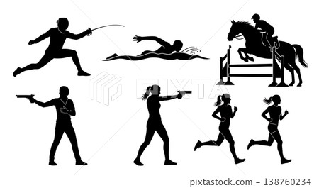 Black Solid Modern Pentathletes Silhouettes Set of Six on White Background Black Solid Modern Pentathletes Silhouettes Set of Six on White Background 138760234