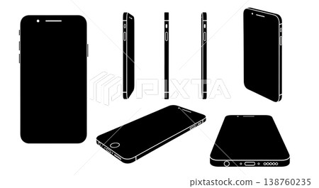 Black Solid Modern Smartphone Silhouettes Set of Six on White Background Black Solid Modern Smartphone Silhouettes Set of Six on White Background 138760235
