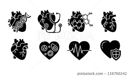 Black Solid Molecular Cardiology Silhouettes Set of Six on White Background Black Solid Molecular Cardiology Silhouettes Set of Six on White Background 138760242