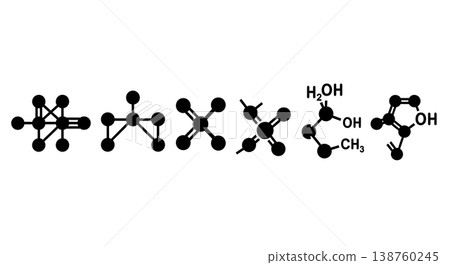 Black Solid Molecular Bond Silhouettes Set of Six on White Background 138760245