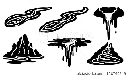 Black Solid Molten Lava Flow Silhouettes Set of Six on White Background Black Solid Molten Lava Flow Silhouettes Set of Six on White Background 138760249