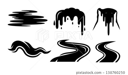 Black Solid Molten Lava Flow Silhouettes Set of Six on White Background Black Solid Molten Lava Flow Silhouettes Set of Six on White Background 138760250