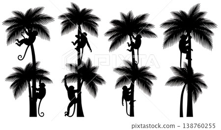Black Solid Monkey in Palm Tree Silhouettes Set of Six on White Background 138760255