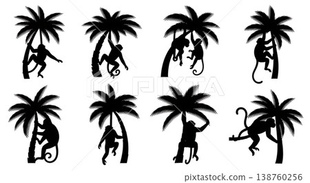 Black Solid Monkey in Palm Tree Silhouettes Set of Six on White Background 138760256
