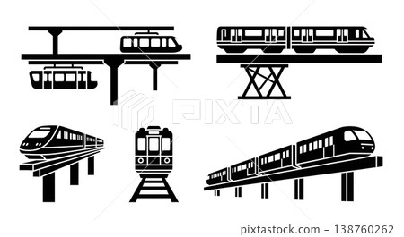 Black Solid Public Monorails and Elevated Trains Silhouettes Set of Six on White Background Black Solid Public Monorails and Elevated Trains Silhouettes Set of Six on White Background 138760262