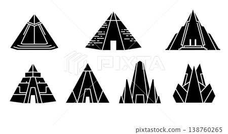 Black Solid Monumental Pyramid Silhouettes Set of Six on White Background 138760265
