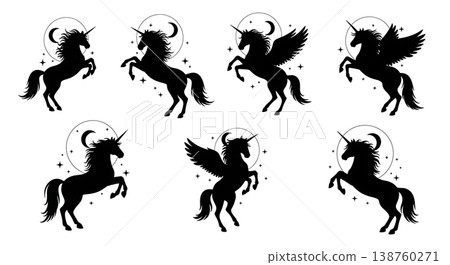 Black Solid Moonlight Rearing Unicorn Silhouettes Set of Six on White Background 138760271