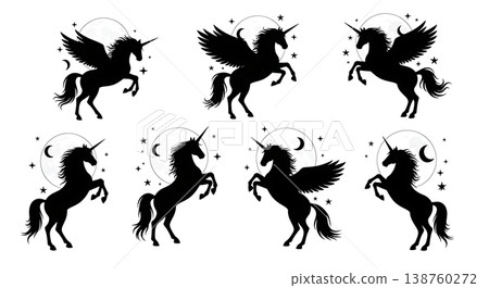 Black Solid Moonlight Rearing Unicorn Silhouettes Set of Six on White Background 138760272