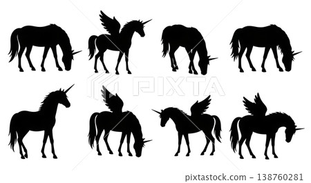 Black Solid Morning Mist Unicorn Silhouettes Set of Six on White Background Black Solid Morning Mist Unicorn Silhouettes Set of Six on White Background 138760281