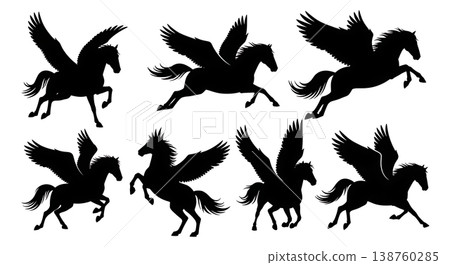 Black Solid Morning Takeoff Pegasus Silhouettes Set of Six on White Background Black Solid Morning Takeoff Pegasus Silhouettes Set of Six on White Background 138760285