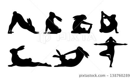 Black Solid Morning Yoga Bunny Set of Six on White Background 138760289