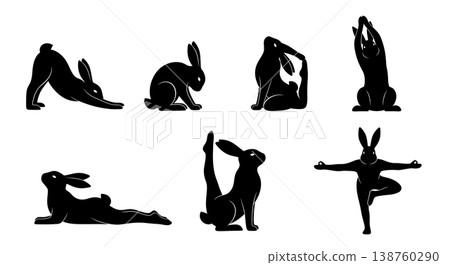 Black Solid Morning Yoga Bunny Set of Six on White Background 138760290