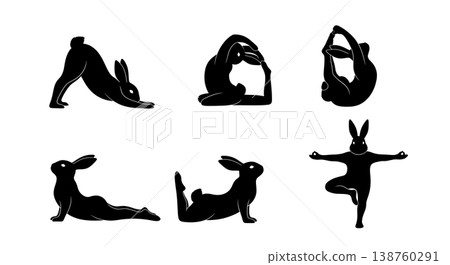 Black Solid Morning Yoga Bunny Set of Six on White Background 138760291