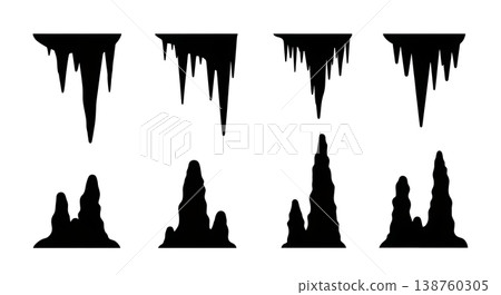 Black Solid Mountain Cave Formation Silhouettes Set of Six on White Background 138760305
