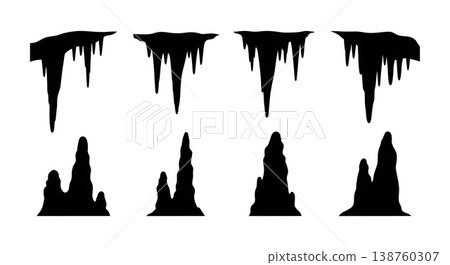 Black Solid Mountain Cave Formation Silhouettes Set of Six on White Background Black Solid Mountain Cave Formation Silhouettes Set of Six on White Background 138760307