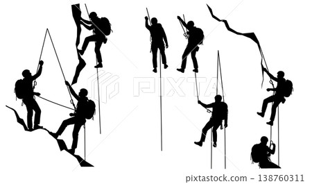 Black Solid Climber Silhouettes Set of Six on White Background 138760311