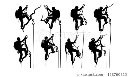 Black Solid Climber Silhouettes Set of Six on White Background Black Solid Climber Silhouettes Set of Six on White Background 138760313