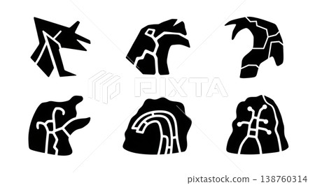 Black Solid Mountain Geoglyph Silhouettes Set of Six on White Background Black Solid Mountain Geoglyph Silhouettes Set of Six on White Background 138760314