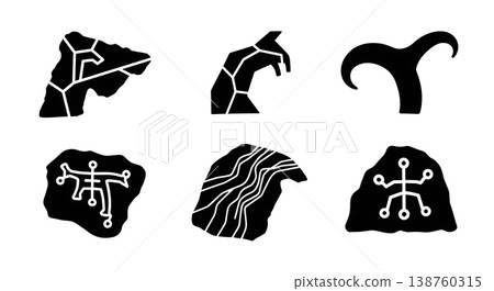 Black Solid Mountain Geoglyph Silhouettes Set of Six on White Background Black Solid Mountain Geoglyph Silhouettes Set of Six on White Background 138760315