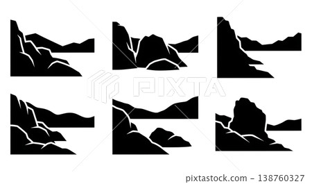 Black Solid Mountain Lake Shoreline Silhouettes Set of Six on White Background Black Solid Mountain Lake Shoreline Silhouettes Set of Six on White Background 138760327