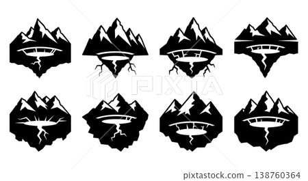 Black Solid Mountain Sinkhole Silhouettes Set of Six on White Background Black Solid Mountain Sinkhole Silhouettes Set of Six on White Background 138760364