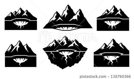 Black Solid Mountain Sinkhole Silhouettes Set of Six on White Background Black Solid Mountain Sinkhole Silhouettes Set of Six on White Background 138760366