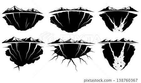 Black Solid Mountain Sinkhole Silhouettes Set of Six on White Background Black Solid Mountain Sinkhole Silhouettes Set of Six on White Background 138760367