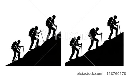 Black Solid Trekking Silhouettes Set of Six on White Background 138760378