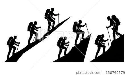 Black Solid Trekking Silhouettes Set of Six on White Background 138760379