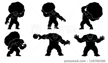 Black Solid Mountain Troll Silhouettes Set of Six on White Background 138760380