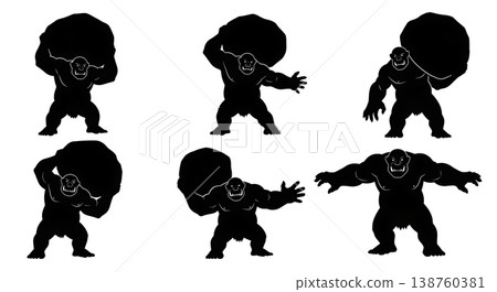 Black Solid Mountain Troll Silhouettes Set of Six on White Background 138760381