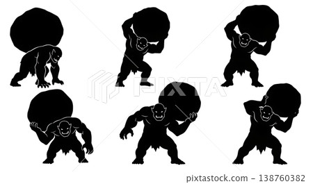 Black Solid Mountain Troll Silhouettes Set of Six on White Background 138760382