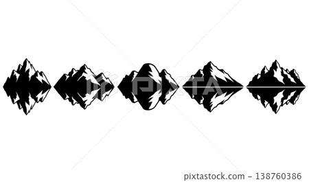 Black Solid Mountain Water Reflection Silhouettes Set of Six on White Background 138760386