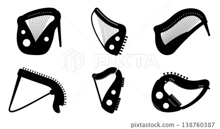 Black Solid Mouth Harp Silhouettes Set of Six on White Background Black Solid Mouth Harp Silhouettes Set of Six on White Background 138760387