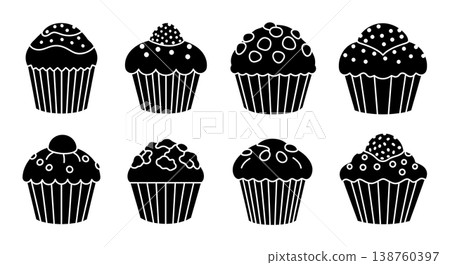 Black Solid Muffins Silhouettes Set of Six on White Background Black Solid Muffins Silhouettes Set of Six on White Background 138760397