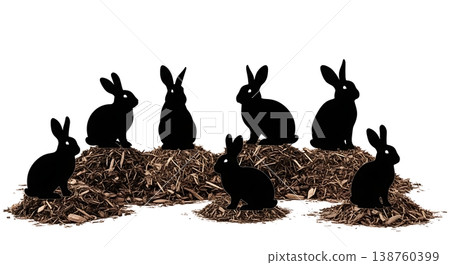 Black Solid Mulch Resting Bunny Silhouettes Set of Six on White Background Black Solid Mulch Resting Bunny Silhouettes Set of Six on White Background 138760399