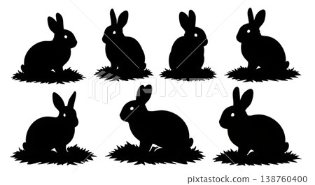 Black Solid Mulch Resting Bunny Silhouettes Set of Six on White Background Black Solid Mulch Resting Bunny Silhouettes Set of Six on White Background 138760400
