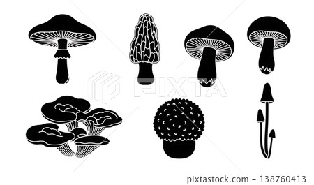 Set of Six Black Solid Mushroom and Fungi Silhouettes Set of Six Black Solid Mushroom and Fungi Silhouettes 138760413
