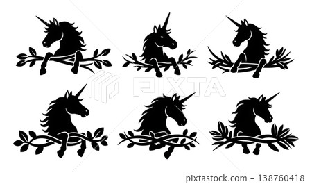 Black Solid Jungle Peeking Unicorn Silhouettes Set of Six on White Background Black Solid Jungle Peeking Unicorn Silhouettes Set of Six on White Background 138760418