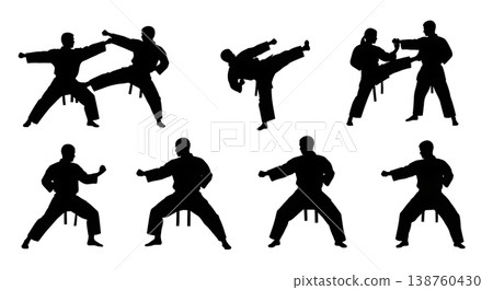 Black Solid Karate Kata Silhouettes Set of Six on White Background 138760430