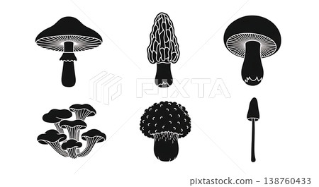Set of Six Black Solid Mushroom and Fungi Silhouettes Set of Six Black Solid Mushroom and Fungi Silhouettes 138760433