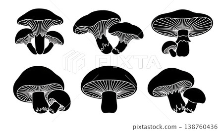 Black Solid Mushroom Silhouettes from a Low Angle Perspective Black Solid Mushroom Silhouettes from a Low Angle Perspective 138760436