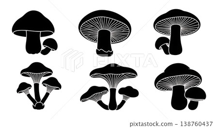 Black Solid Mushroom Silhouettes from a Low Angle Perspective Black Solid Mushroom Silhouettes from a Low Angle Perspective 138760437